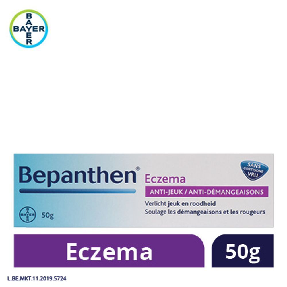 Bepanthen Eczema doos. Witte doos met productnaam en tekst.