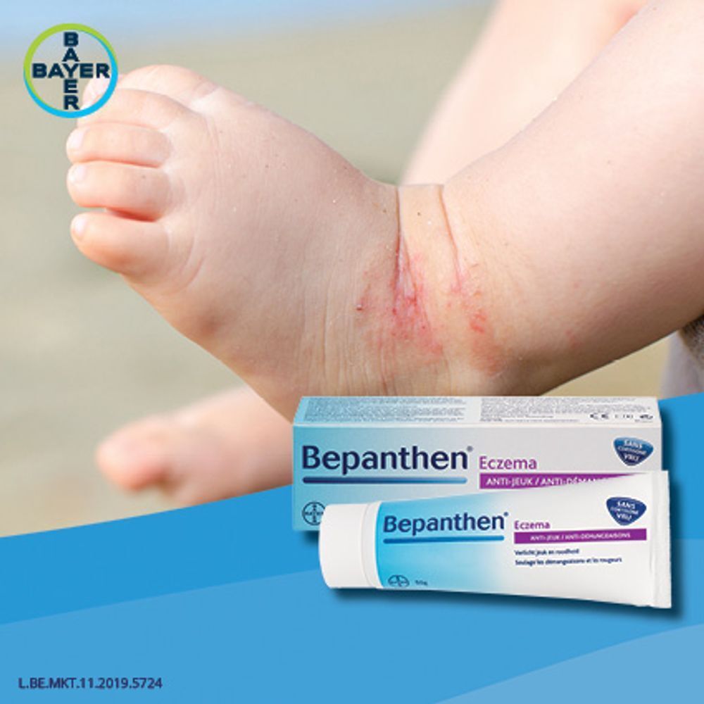 Bepanthen Eczema doos. Witte doos met productnaam en tekst.