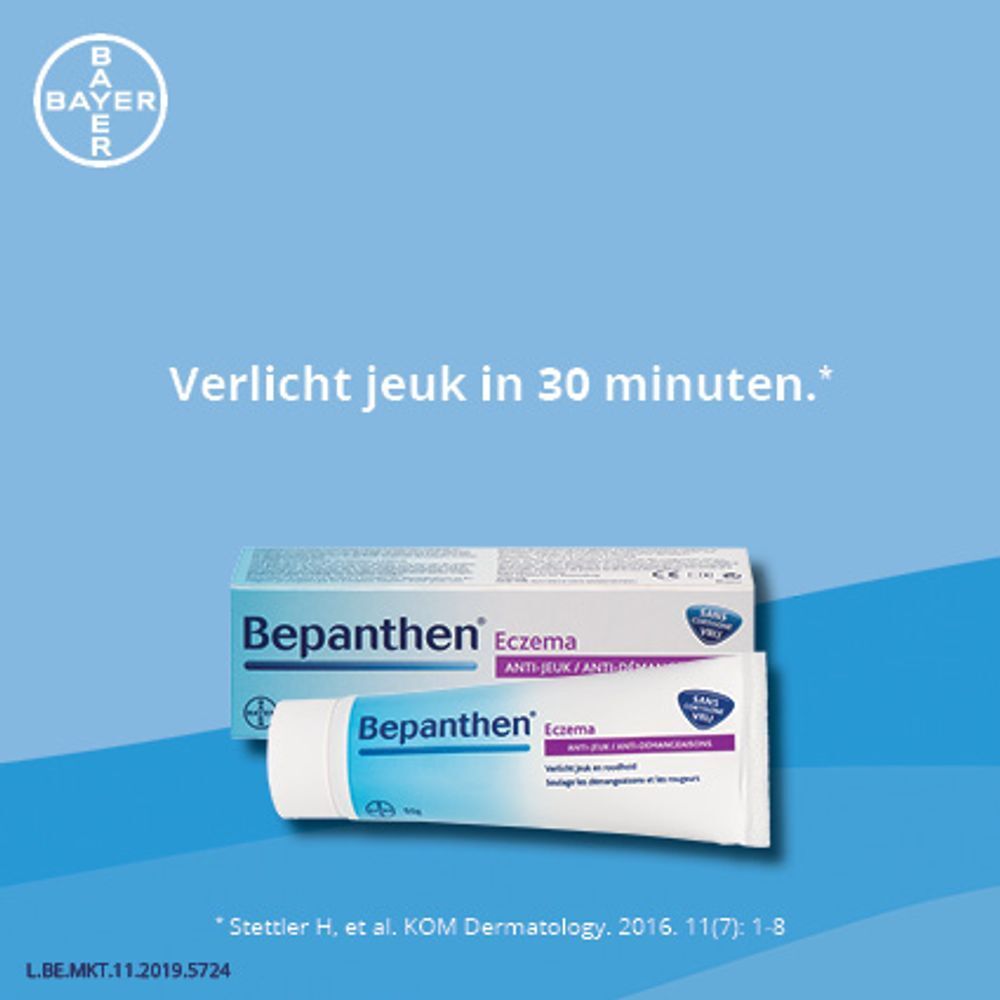 Bepanthen Eczema doos. Witte doos met productnaam en tekst.