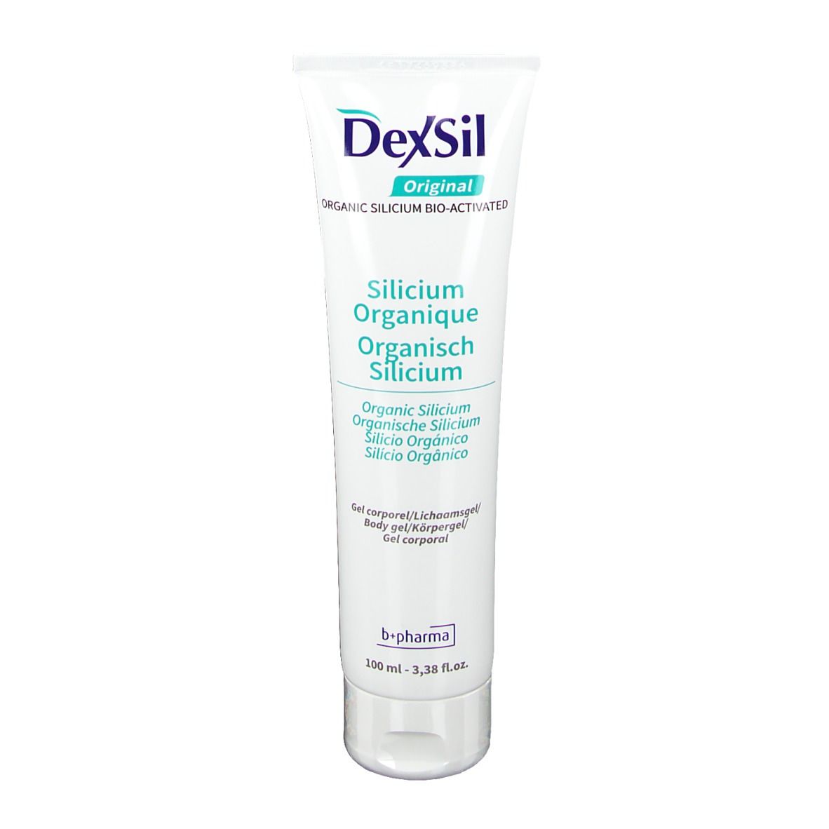 Tube blanche et bleue DexSil Original. Texte: Silicium Organique, Body Gel. En bas: 100 ml.