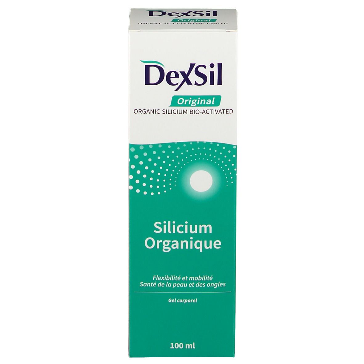 Emballage du produit. Blanc, vert. Texte: DexSil Original, Silicium Organique, Flexibilité et mobilité, 100 ml.