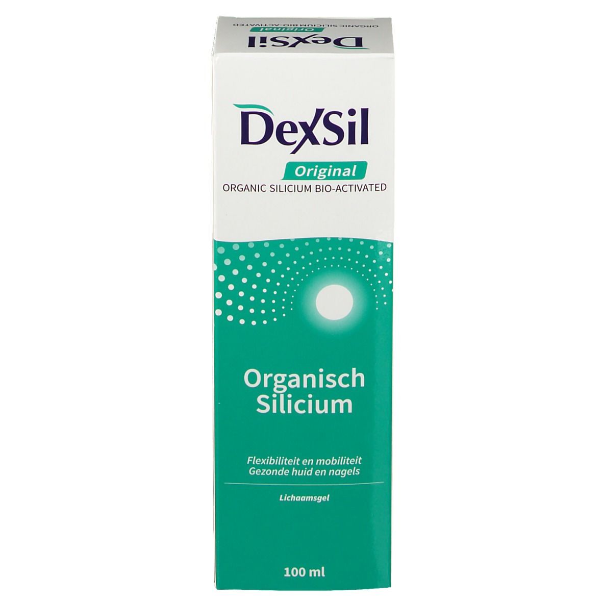 Emballage du produit. Blanc, vert. Texte: DexSil Original, Silicium Organique, Flexibilité et mobilité, 100 ml.