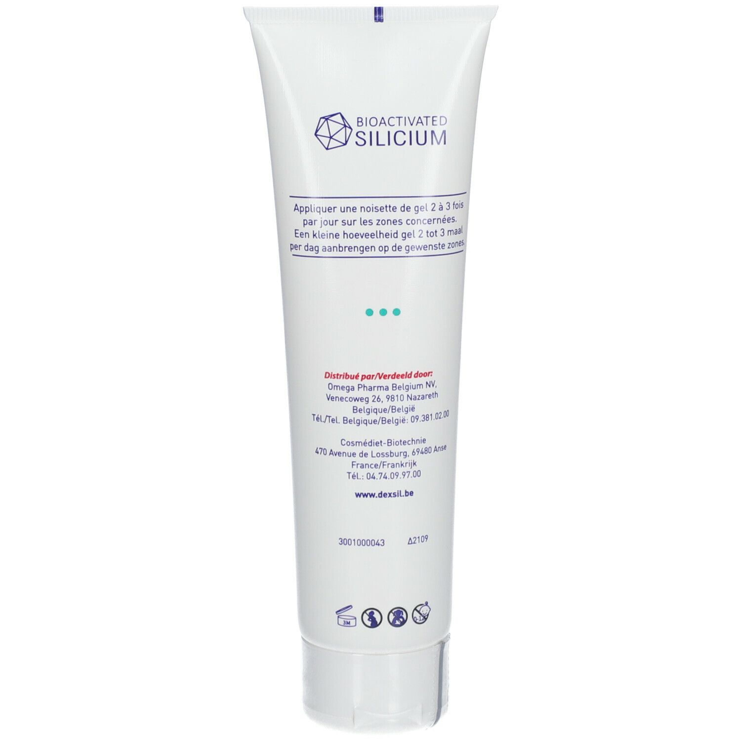 Dos d'un tube Dexsil. Inscription: Bioactivated Silicium. Instructions d'utilisation.