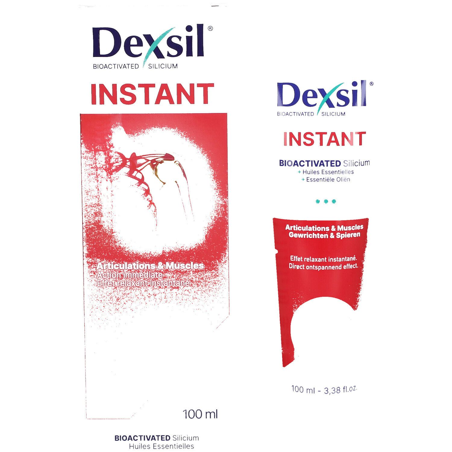 Boîte Dexsil Instant. Inscription: Articulations & Muscles, 100 ml. Produit et tube.