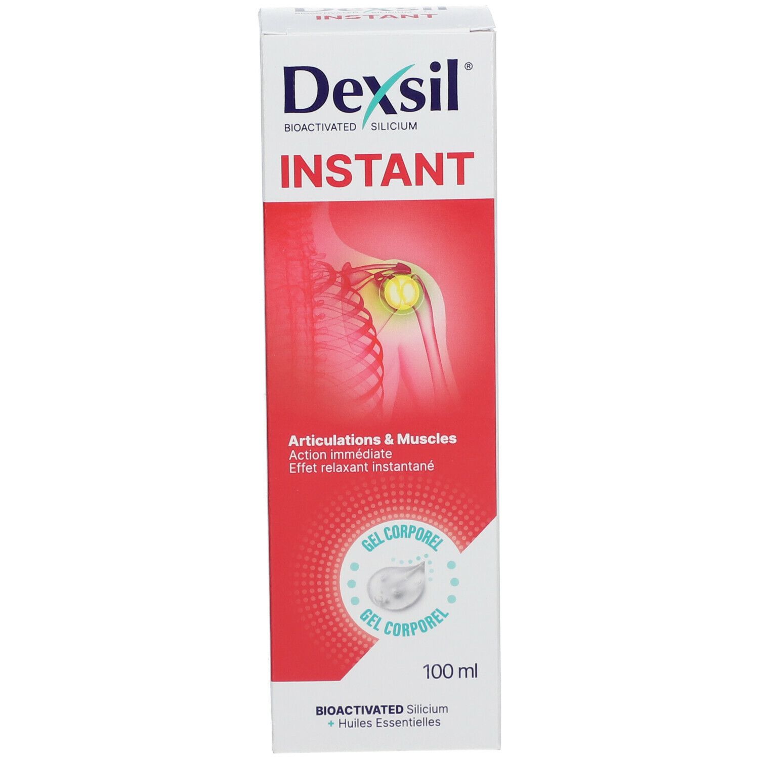 Boîte Dexsil Instant. Inscription: Articulations & Muscles, 100 ml. Illustration d'une articulation.