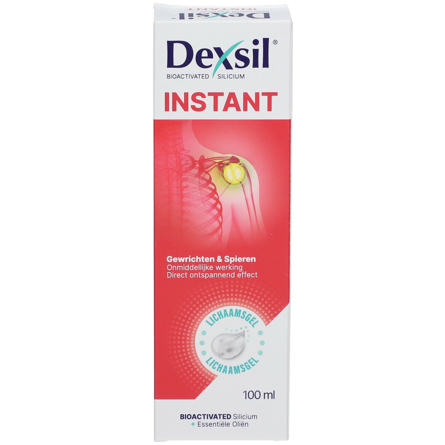 Boîte Dexsil Instant. Inscription: Articulations & Muscles, 100 ml. Illustration d'une articulation.