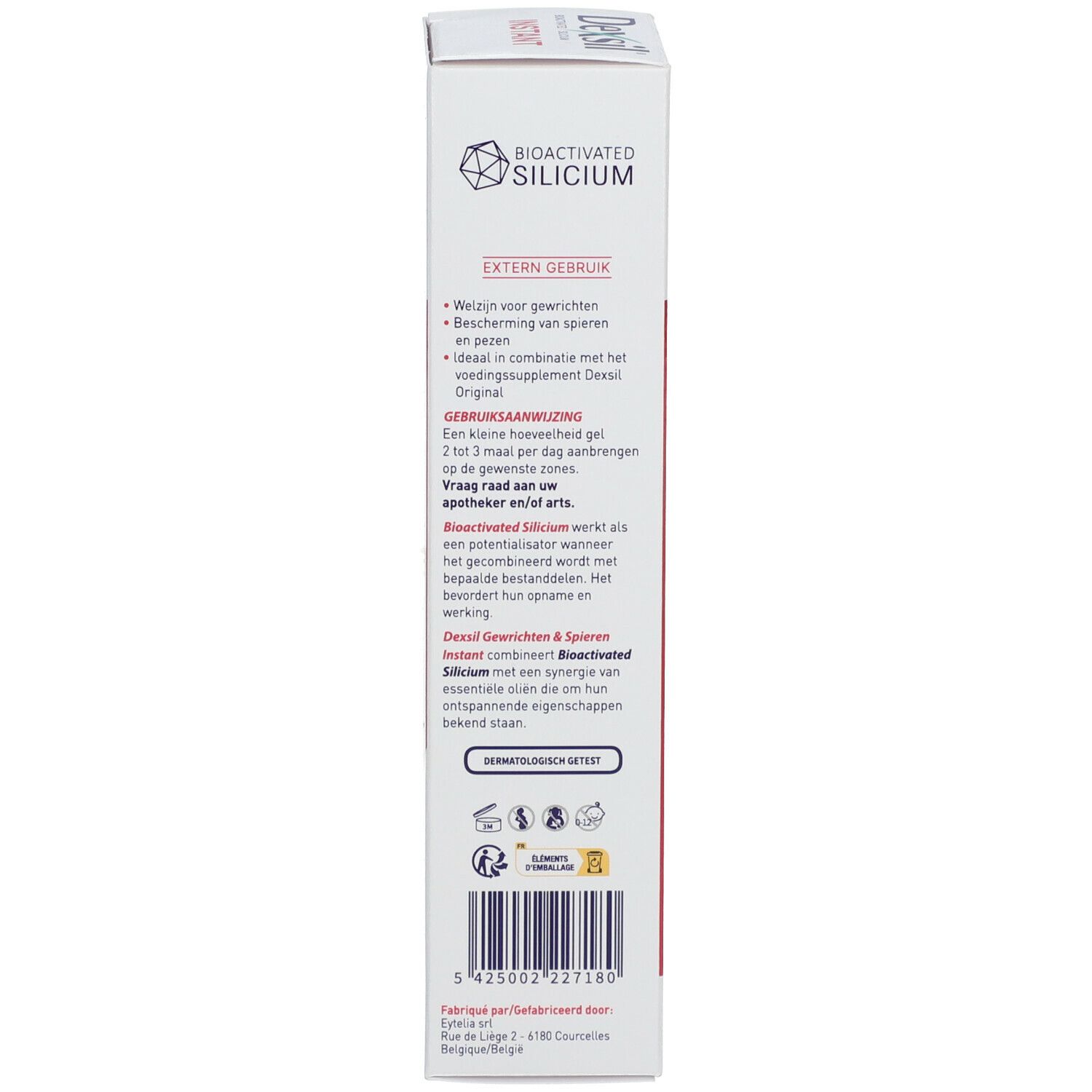 Côté de la boîte Dexsil. Inscription: Bioactivated Silicium. Informations sur l'utilisation et les ingrédients.