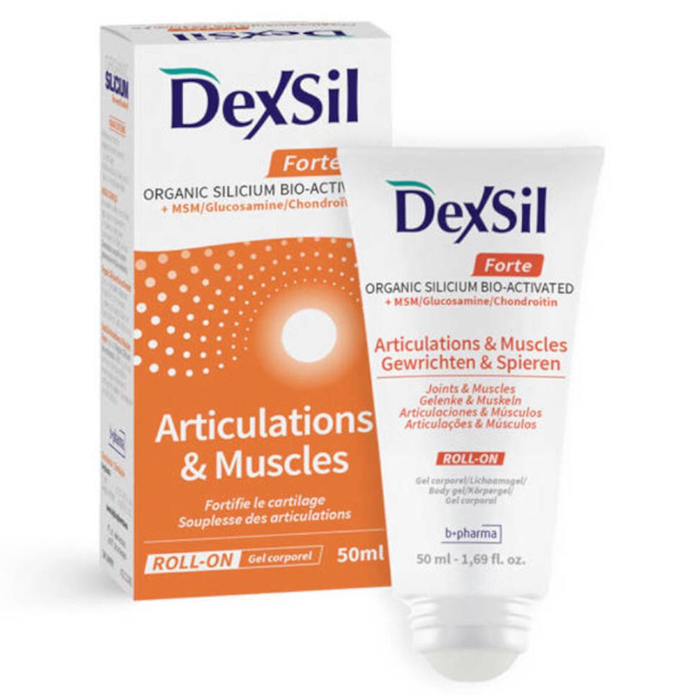 Gel DexSil Forte. Tube et boîte blanches. Inscription: Articulations & Muscles. Roll-on. 50ml.
