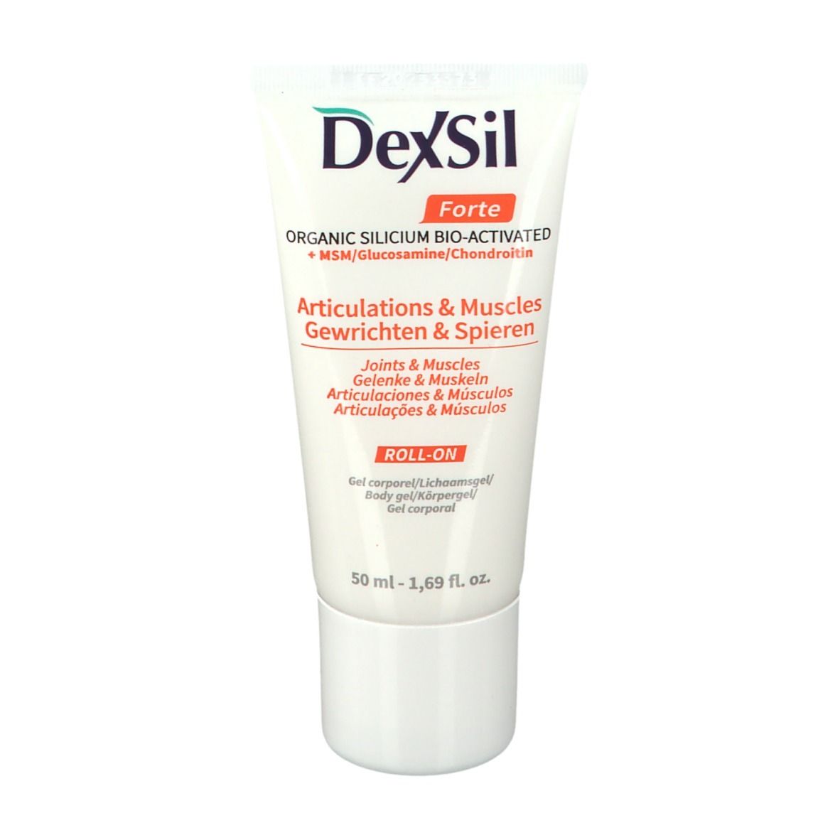 Gel DexSil Forte. Tube blanc. Inscription: Articulations & Muscles. Roll-on. 50ml.
