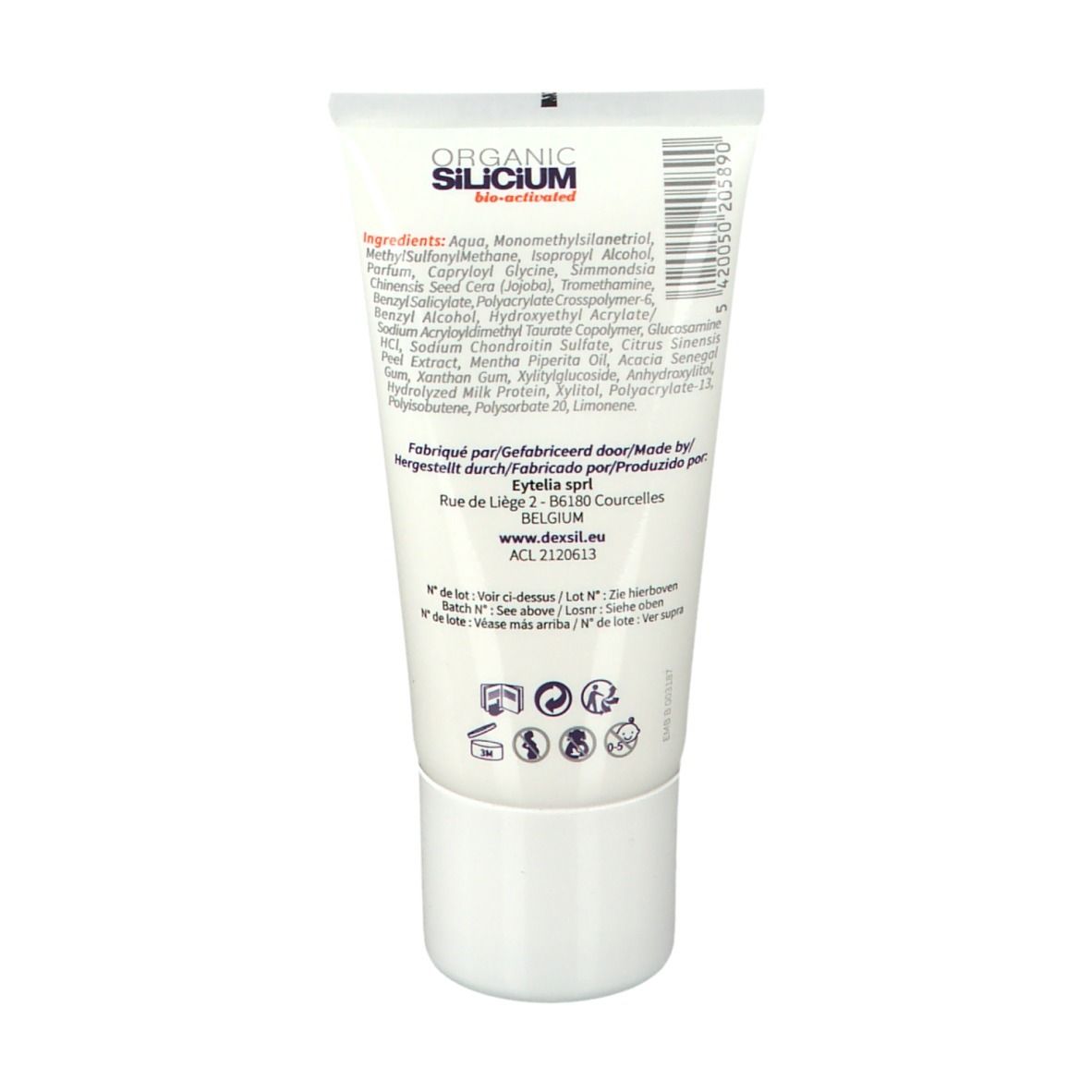 Dos du tube DexSil Forte. Ingrédients et informations fabricant. Tube blanc, bouchon blanc.