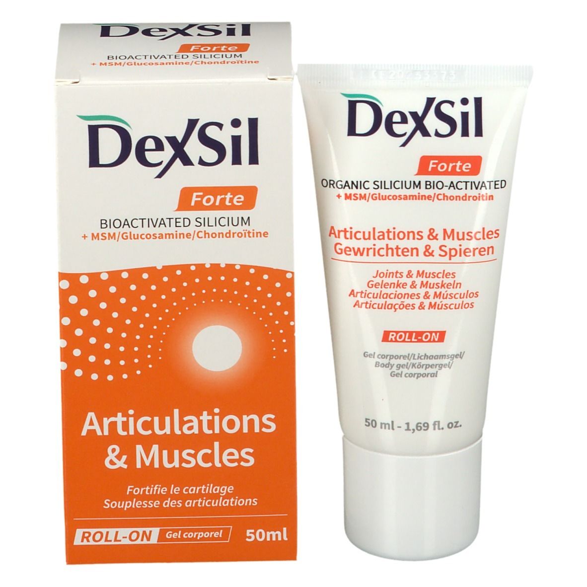 Gel DexSil Forte avec boîte. Tube et boîte blancs. Inscription: Articulations & Muscles. 50ml.