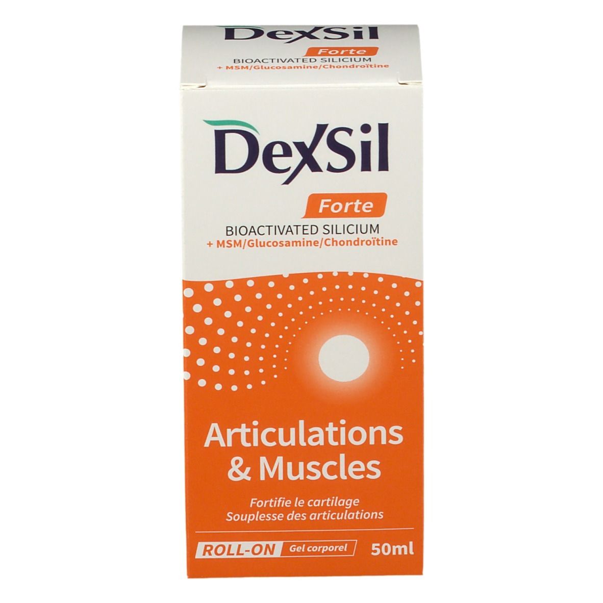 Boîte DexSil Forte. Boîte blanche. Inscription: Articulations & Muscles. 50ml.