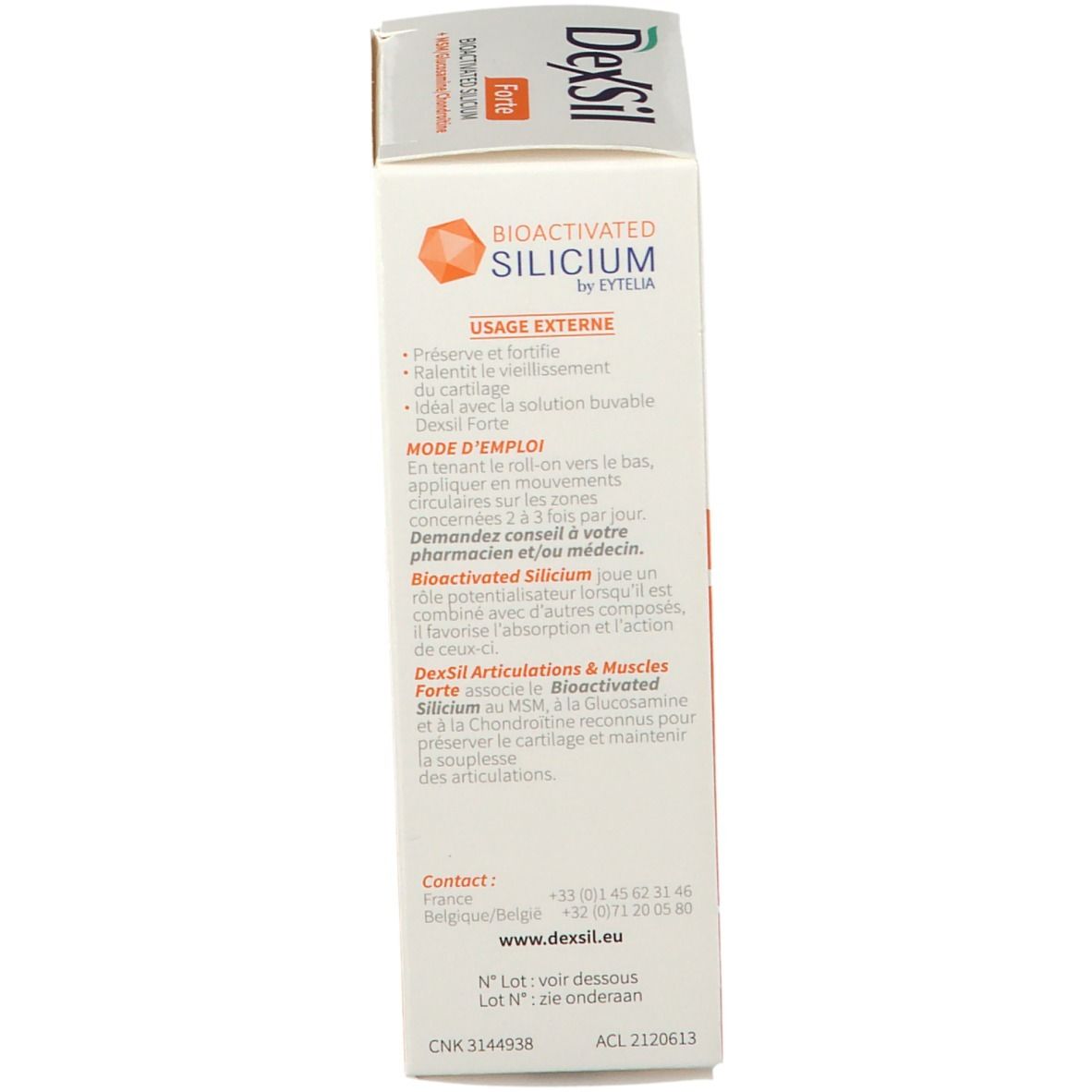 Côté de la boîte DexSil Forte. Texte: Silicium Bioactivé. Mode d'emploi. Coordonnées.
