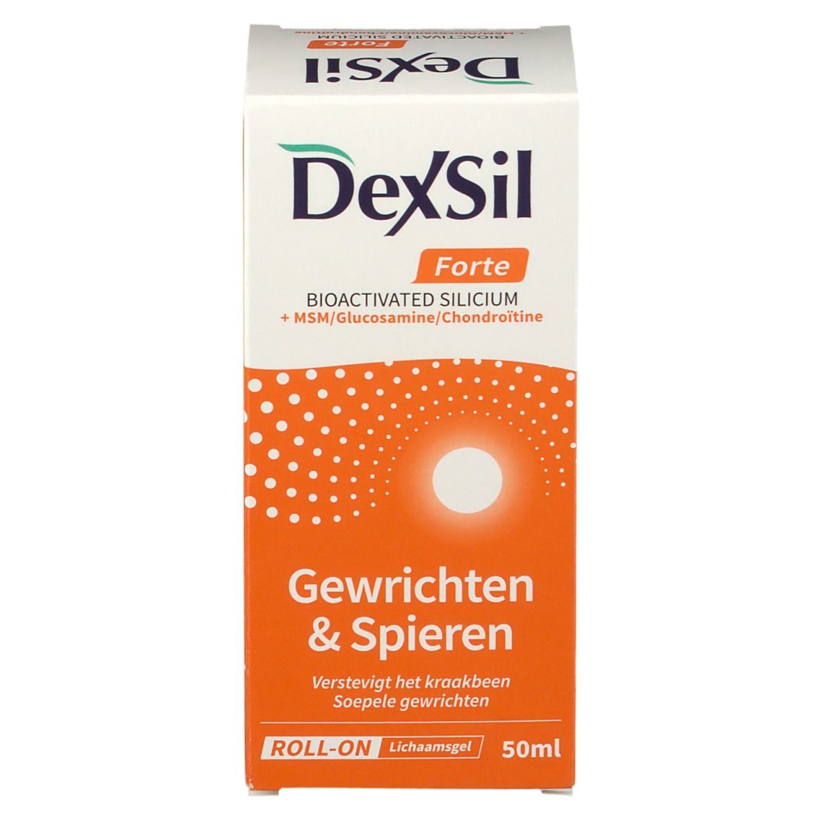 Boîte DexSil Forte. Inscription: Gewrichten & Spieren. Roll-on. 50ml. Boîte blanche.