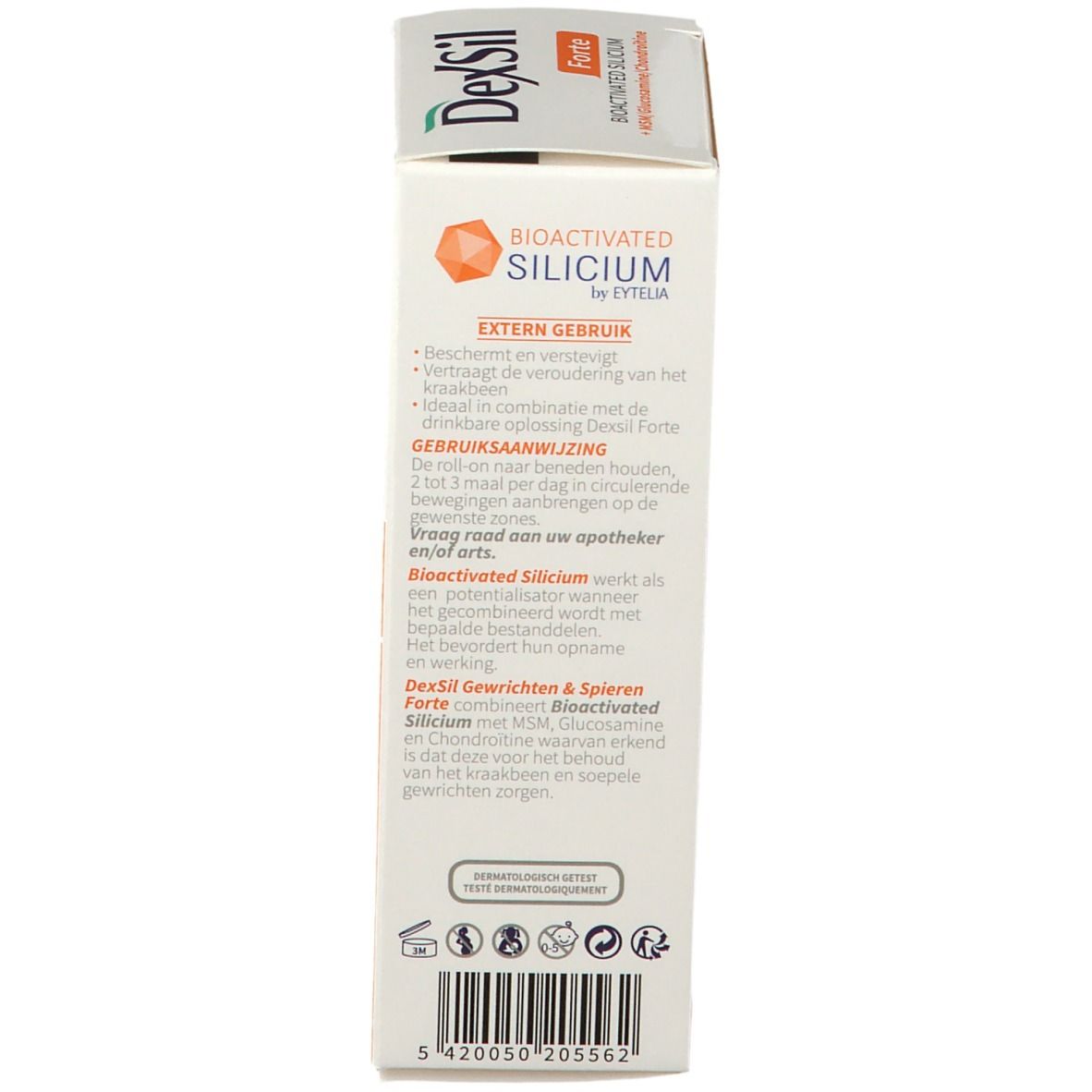 Côté de la boîte DexSil Forte. Texte: Silicium Bioactivé. Mode d'emploi. Boîte blanche.