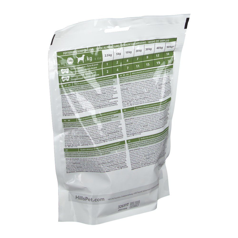 Dos du sachet avec informations et recommandations d'alimentation. Texte en plusieurs langues.