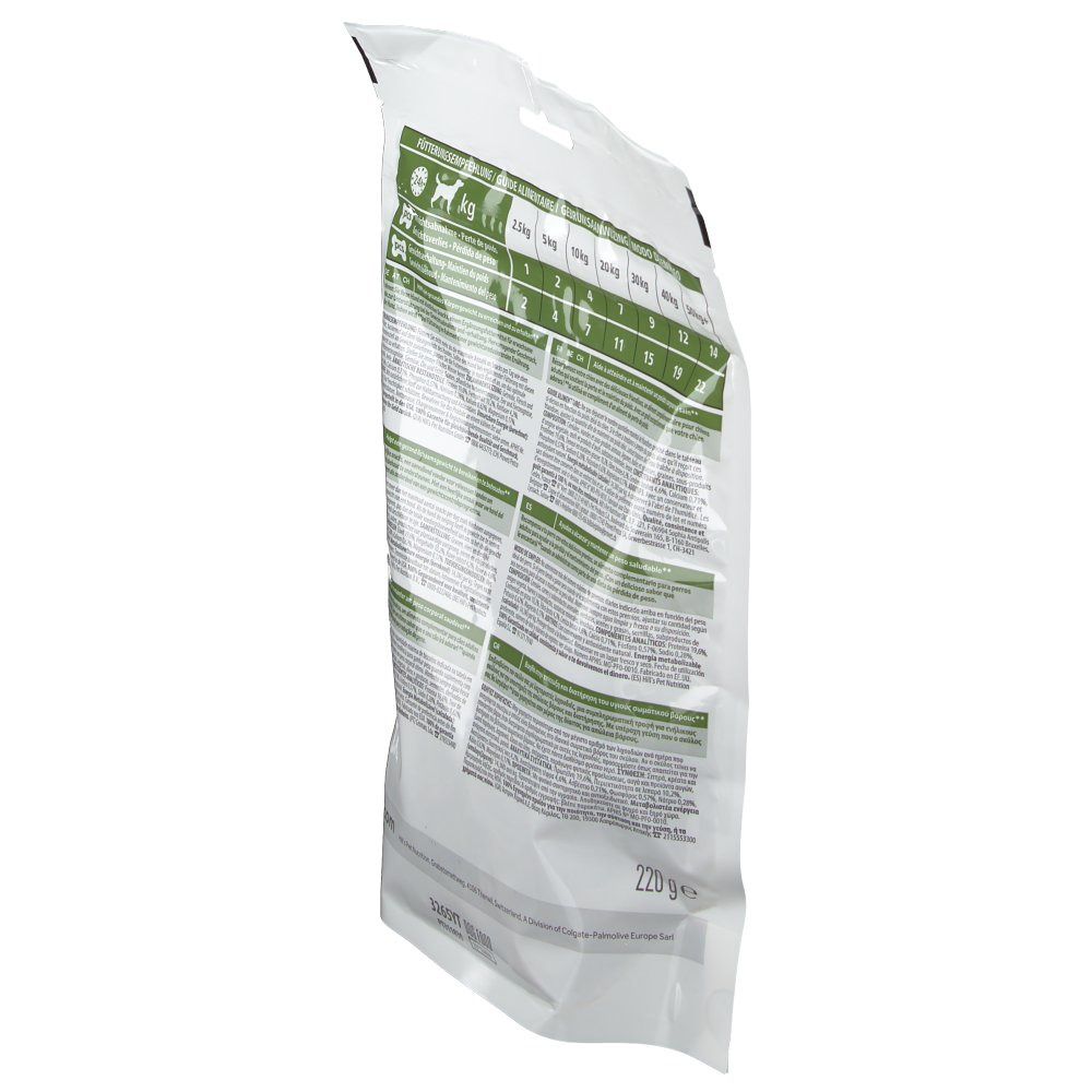 Dos du sachet avec informations et recommandations d'alimentation. Texte en plusieurs langues. Poids : 220g.