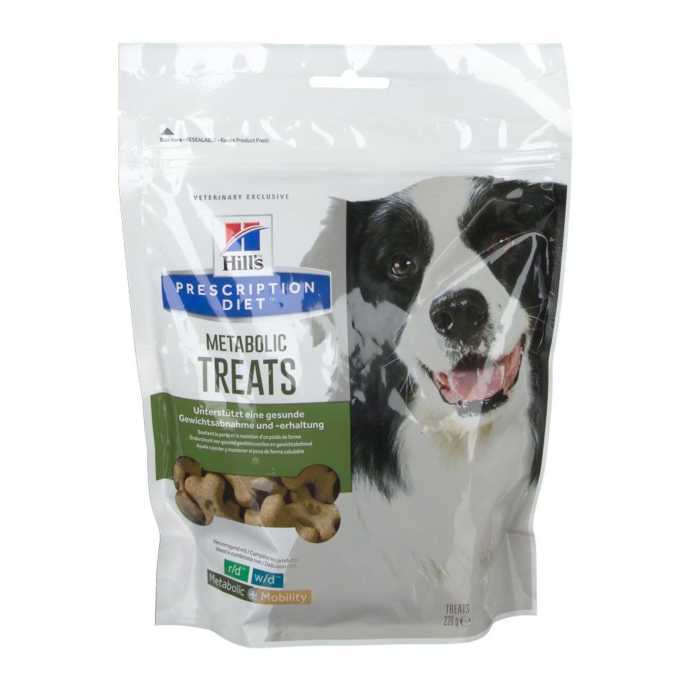 Sachet de friandises pour chiens. Inscription : Hills Prescription Diet Metabolic Treats. Image d'un chien.