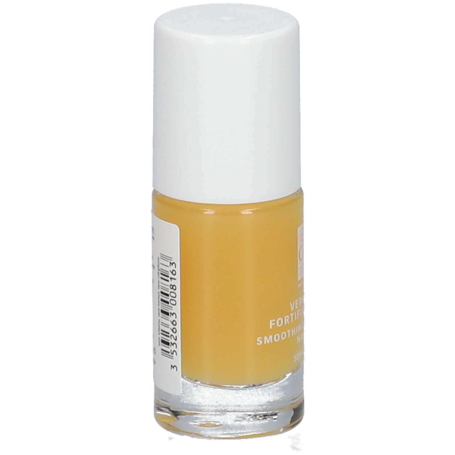 Nagellackflasche mit gelbem Inhalt und weißem Deckel. Barcode und Produktinformationen auf der Rückseite.