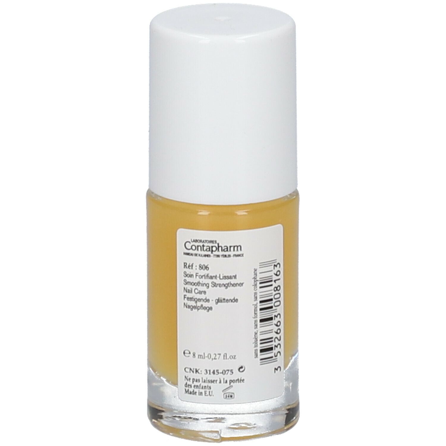 Nagellackflasche mit gelbem Inhalt und weißem Deckel. Rückseite mit Produktinformationen und Barcode.