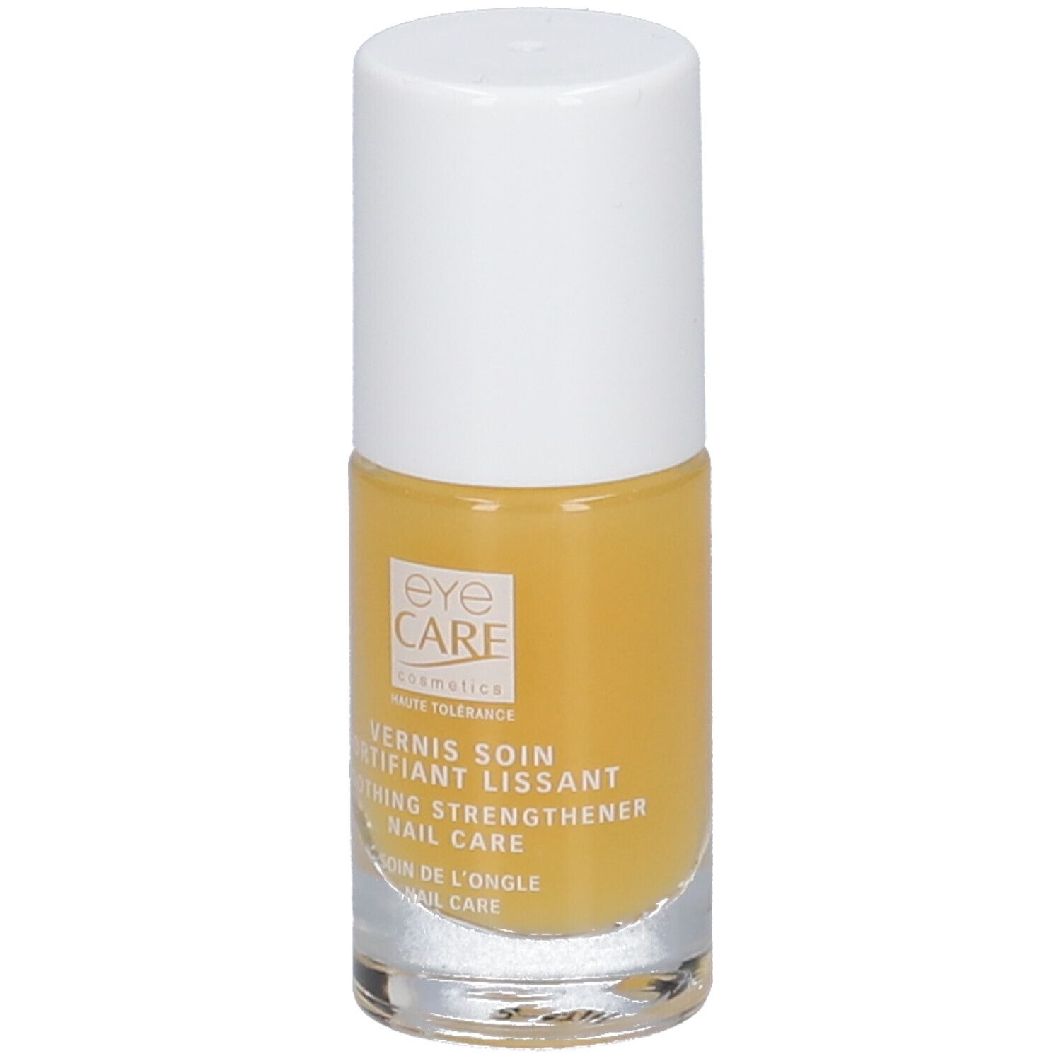 Nagellackflasche mit gelbem Inhalt und weißem Deckel. Beschriftung: Eye Care, Vernis Soin Fortifiant Lissant.