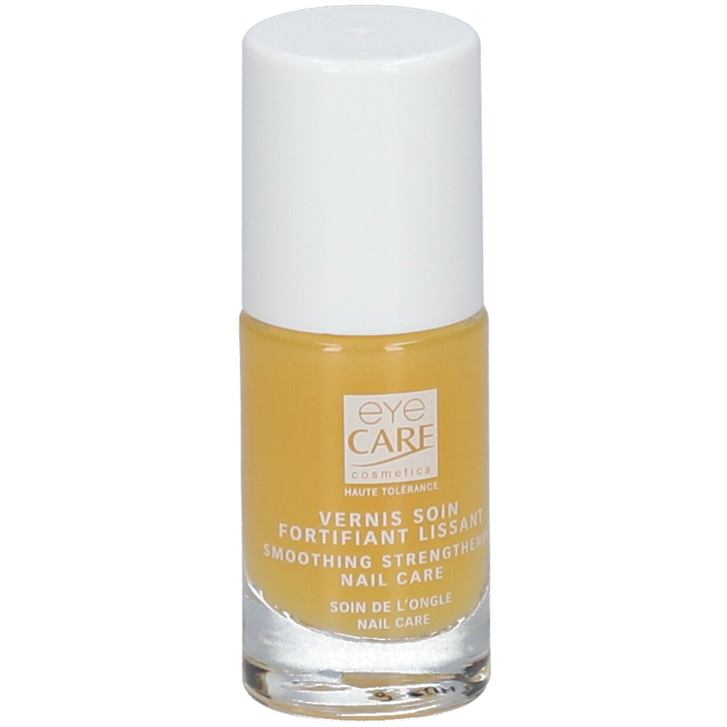 Nagellackflasche mit gelbem Inhalt und weißem Deckel. Beschriftung: Eye Care, Vernis Soin Fortifiant Lissant.
