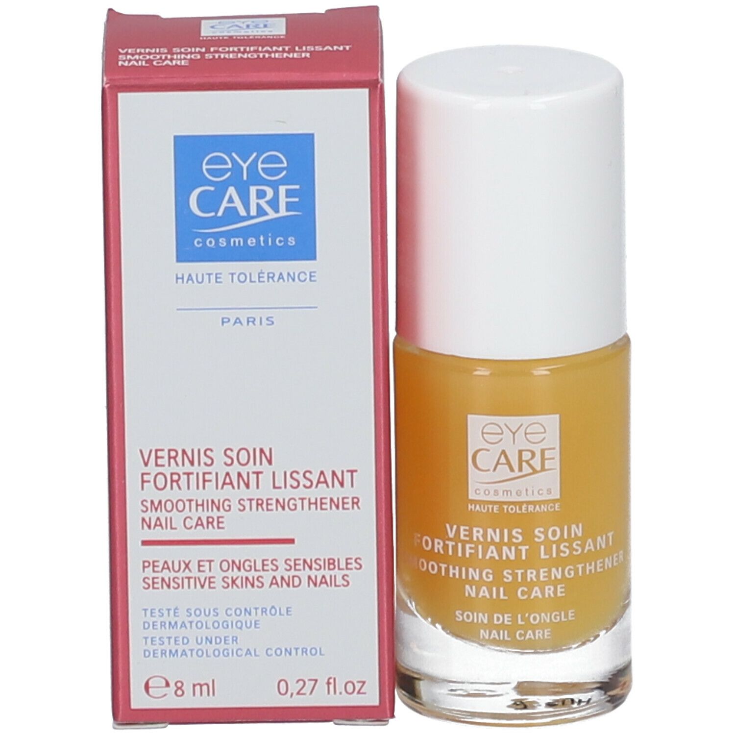 Nagellackflasche neben einer Verpackung. Verpackung mit Produktinformationen und Logo Eye Care.