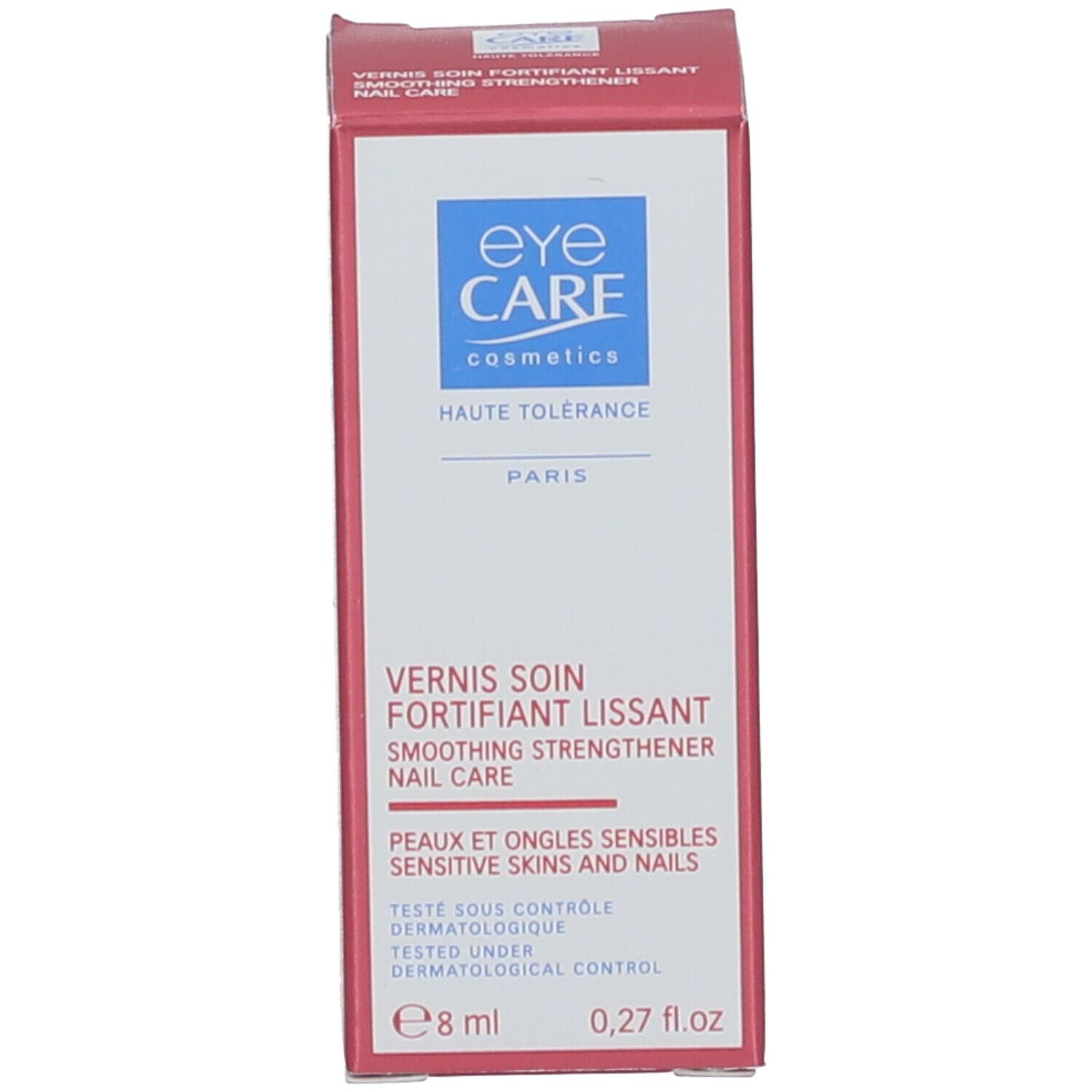 Verpackung mit Produktinformationen und Logo Eye Care. Text: Vernis Soin Fortifiant Lissant.