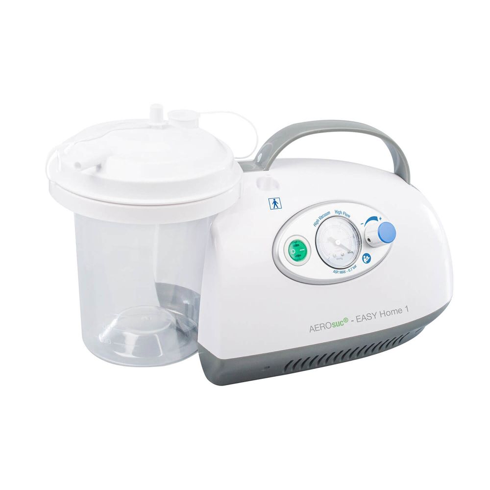 Elektrische Absaugpumpe, weiß-grau. Auffangbehälter, Bedienfeld mit Knöpfen und Anzeige. AEROsuc EASY Home 1.