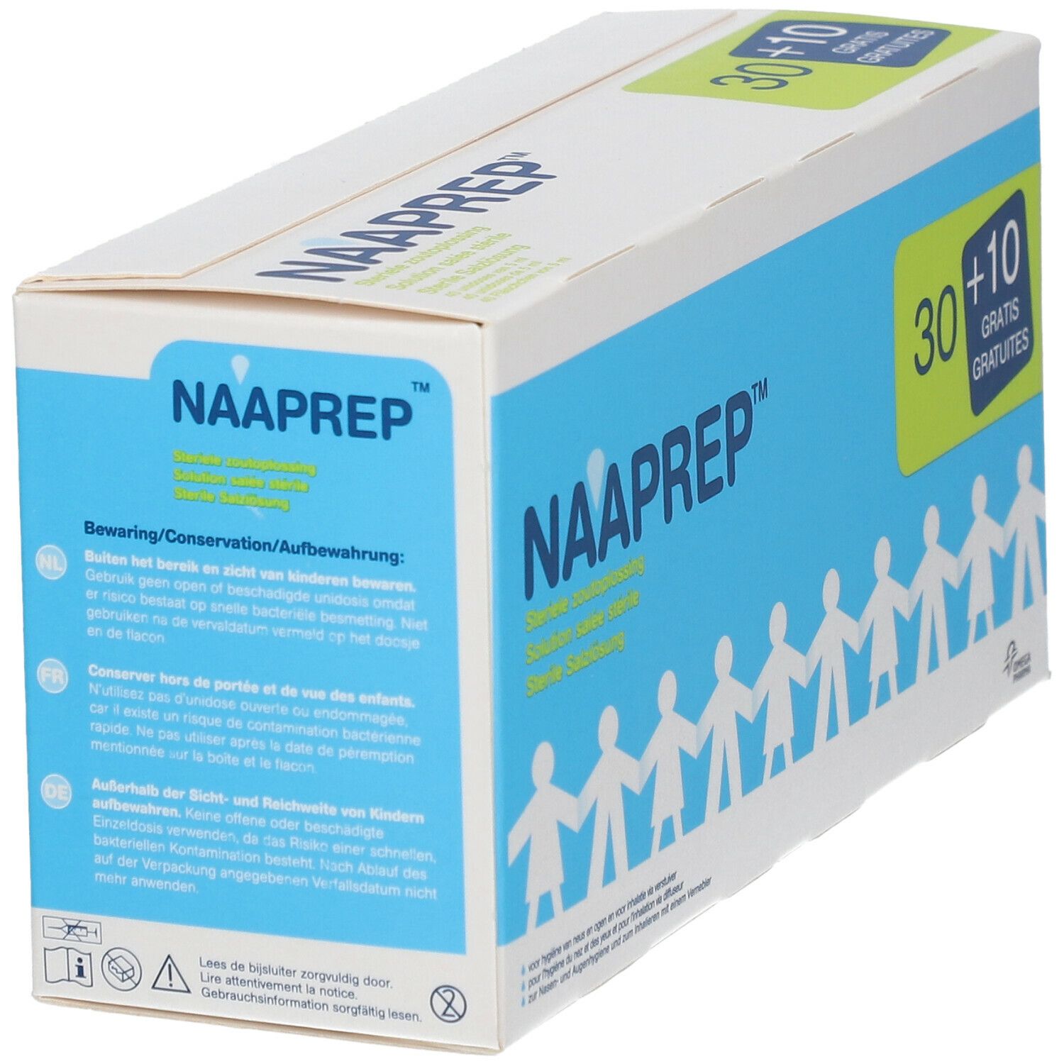Boîte en carton avec nom du produit et texte multilingue.
