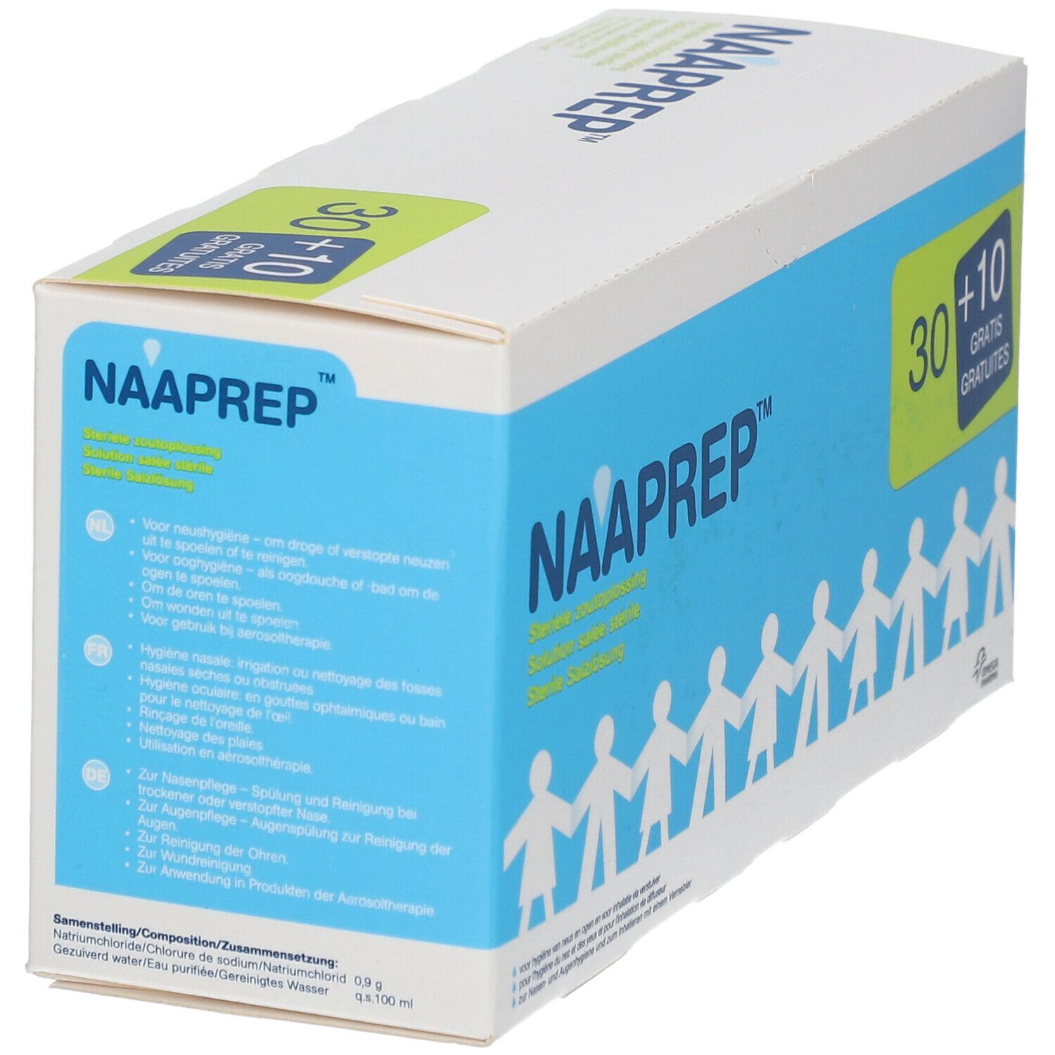 Boîte en carton avec nom du produit et texte multilingue.