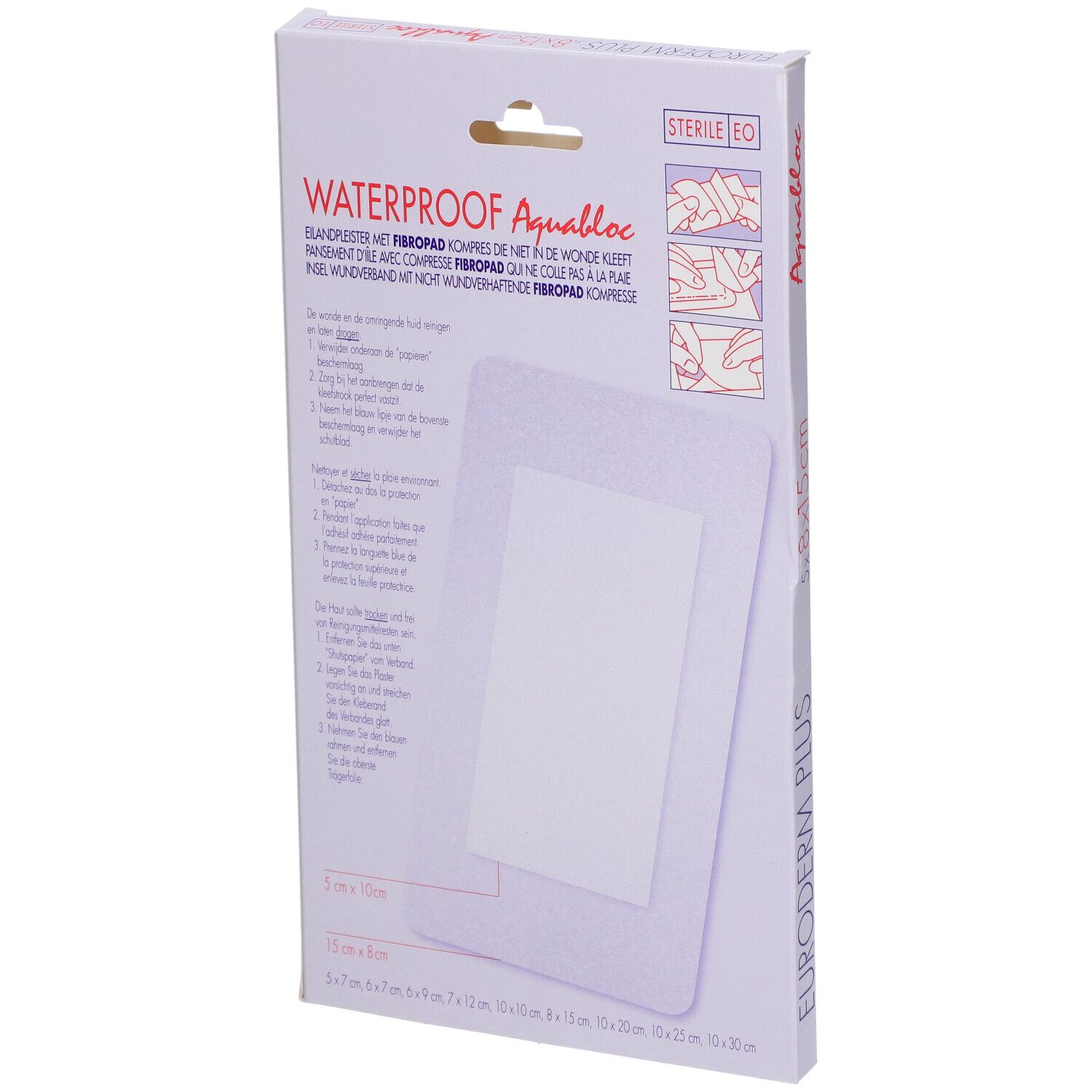 Dos de l'emballage Euroderm Plus. Inscription Waterproof Aquabloc, 5x15cm. Illustration et instructions.