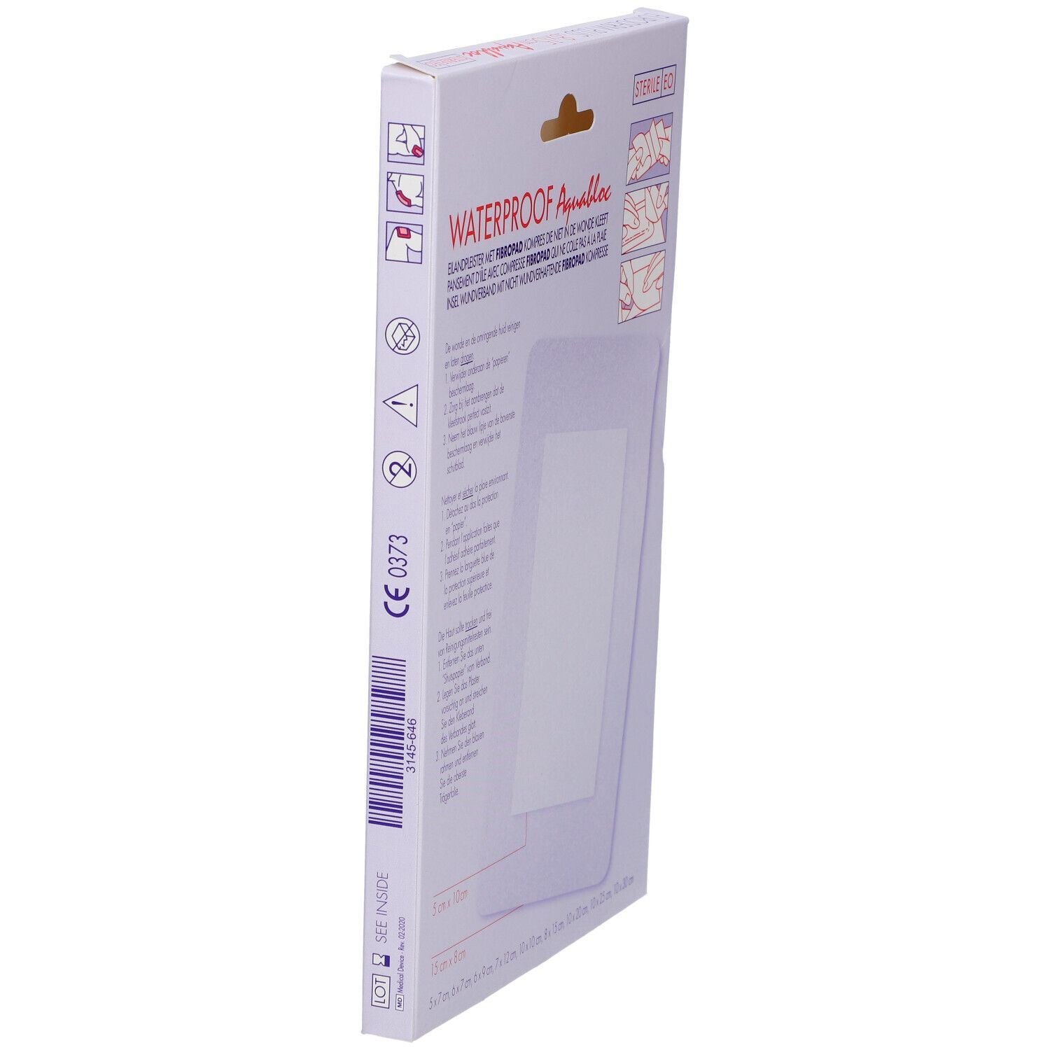 Vue latérale de l'emballage Euroderm Plus. Inscription Waterproof Aquabloc, marquage CE.