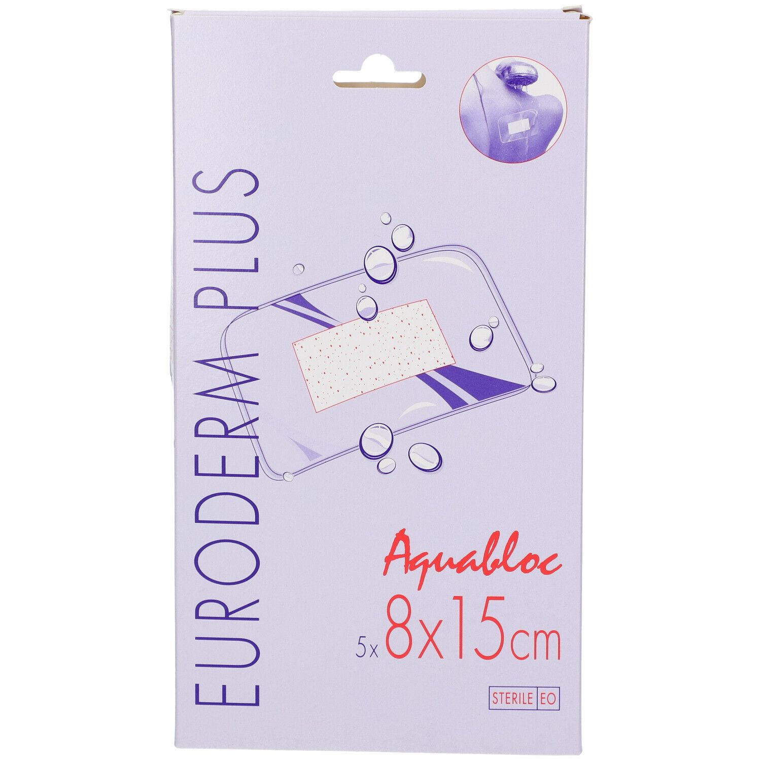 Emballage Euroderm Plus 8x15cm. Inscription Aquabloc, stérile EO. Illustration du produit.