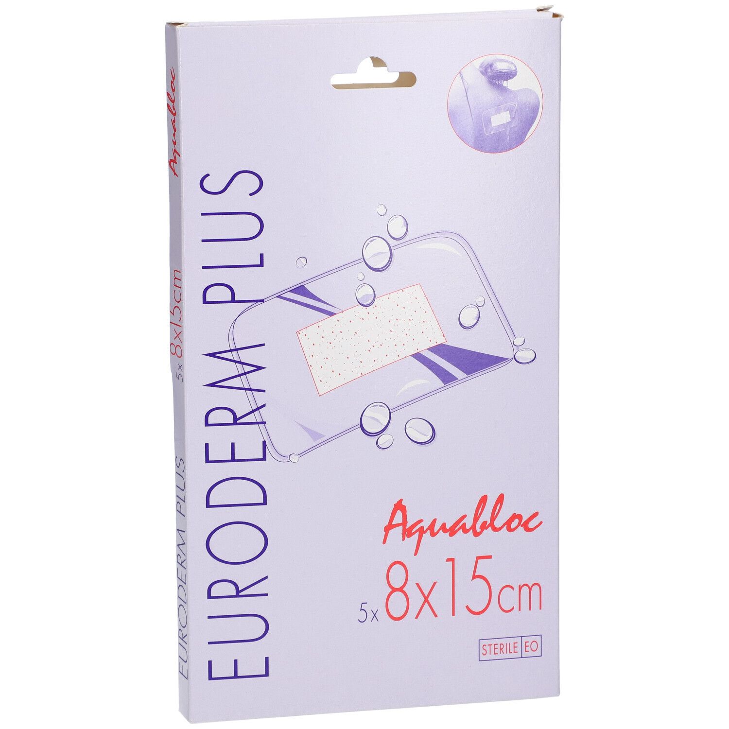 Emballage Euroderm Plus 8x15cm. Inscription Aquabloc, stérile EO. Illustration du produit.