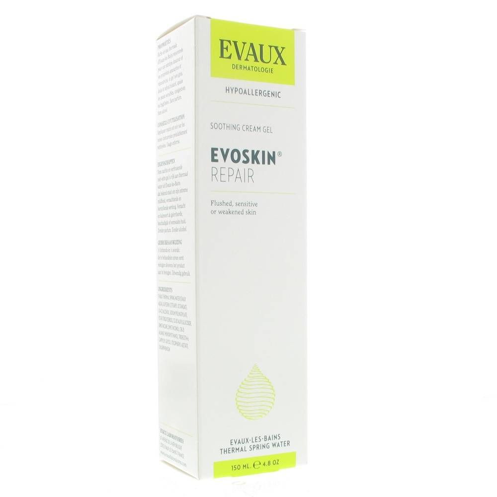 Emballage blanc avec accents verts. Inscription : EVAUX, EVOSKIN REPAIR. Texte : Hypoallergénique, Soothing Cream Gel. En bas : Thermal Spring Water.