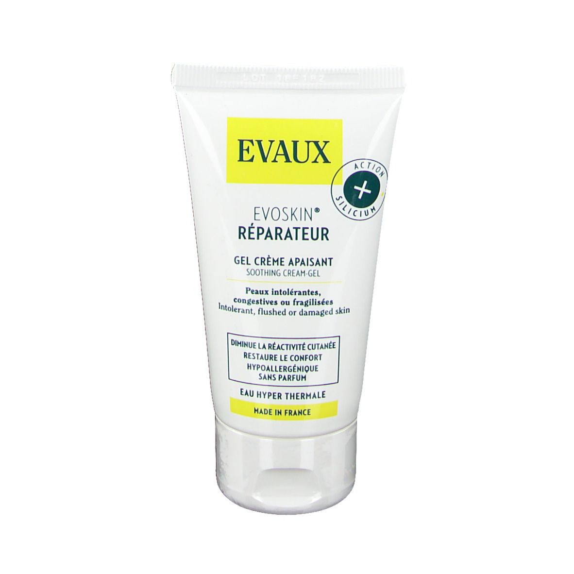 Tube blanc avec étiquette jaune. Texte : EVOSKIN® Réparateur, Gel Crème Apaisant. Avec bouchon.