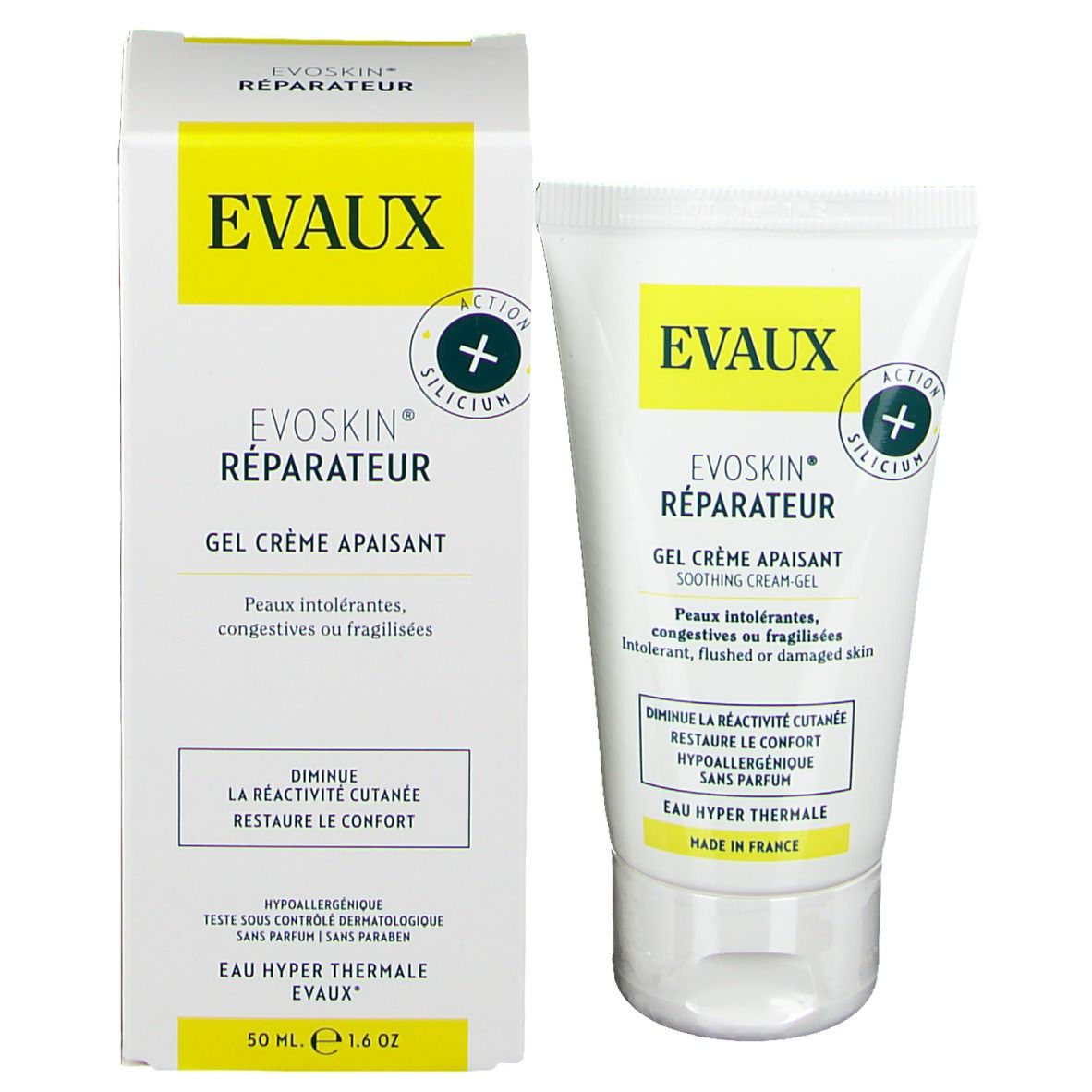 Emballage et tube. Emballage : blanc avec étiquette jaune. Tube : blanc avec étiquette jaune. Texte : EVOSKIN® Réparateur.