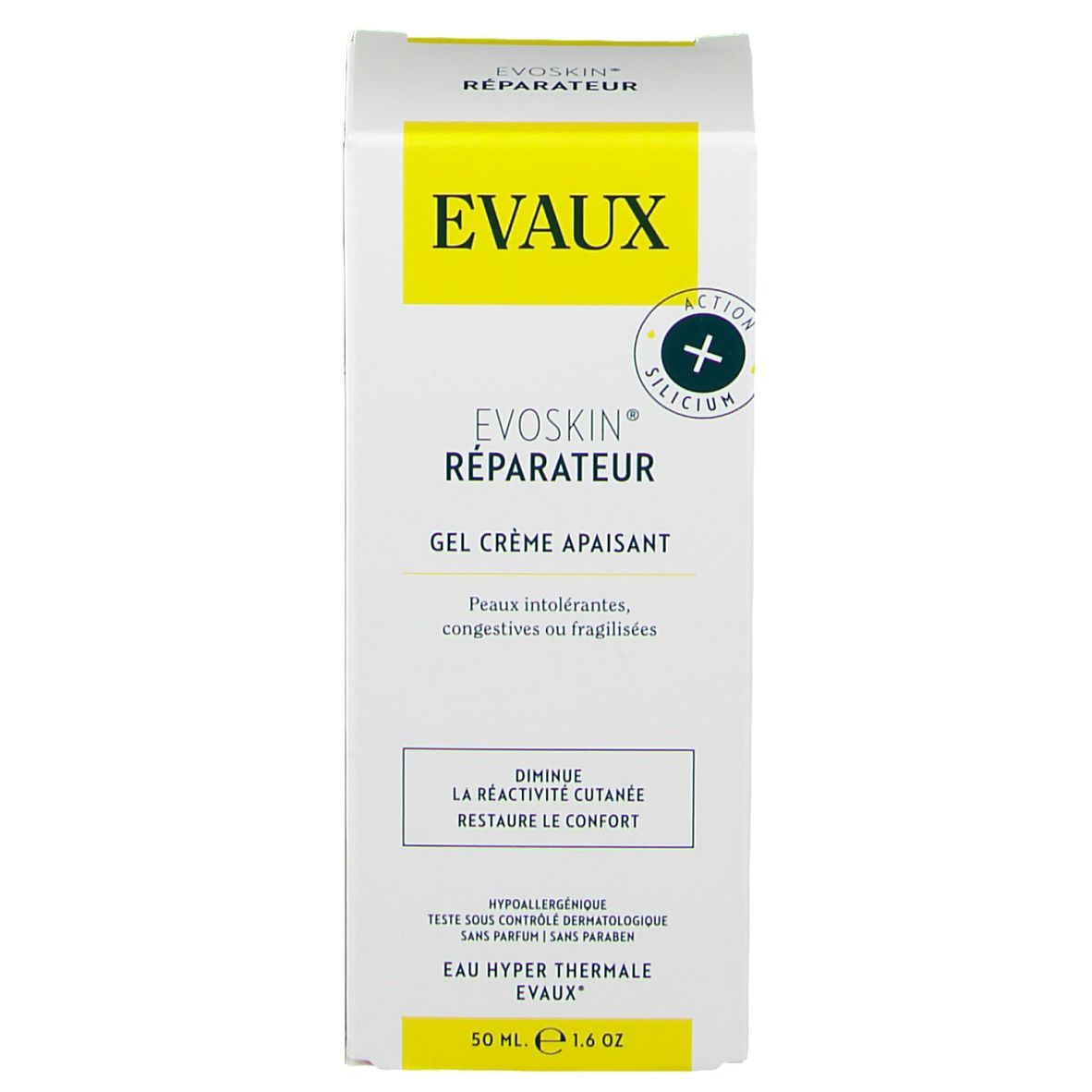 Emballage du produit. Blanc avec étiquette jaune. Texte : EVOSKIN® Réparateur, Gel Crème Apaisant. Avec logo et texte.