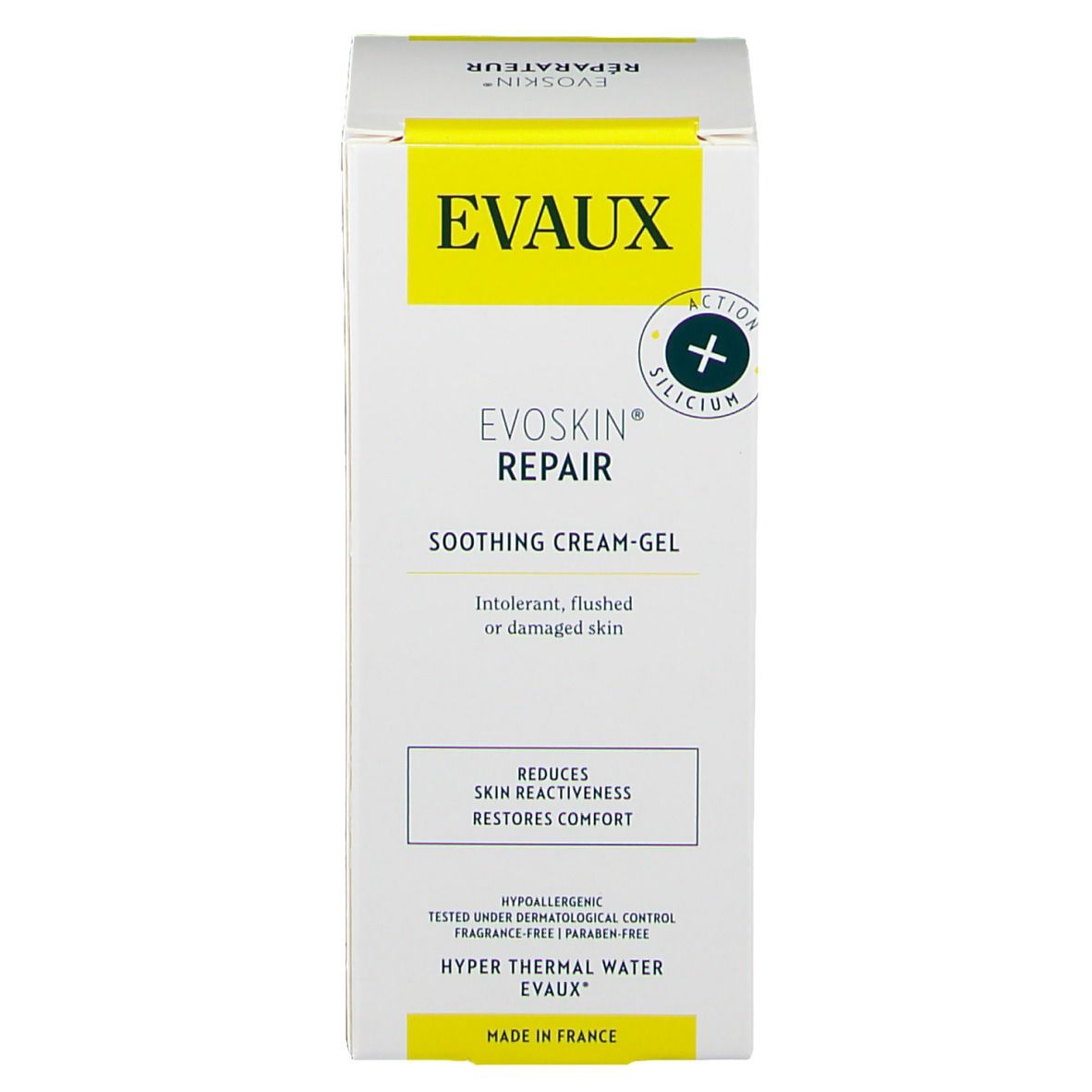 Emballage du produit. Blanc avec étiquette jaune. Texte : EVOSKIN® Repair, Soothing Cream-Gel. Avec logo et texte.