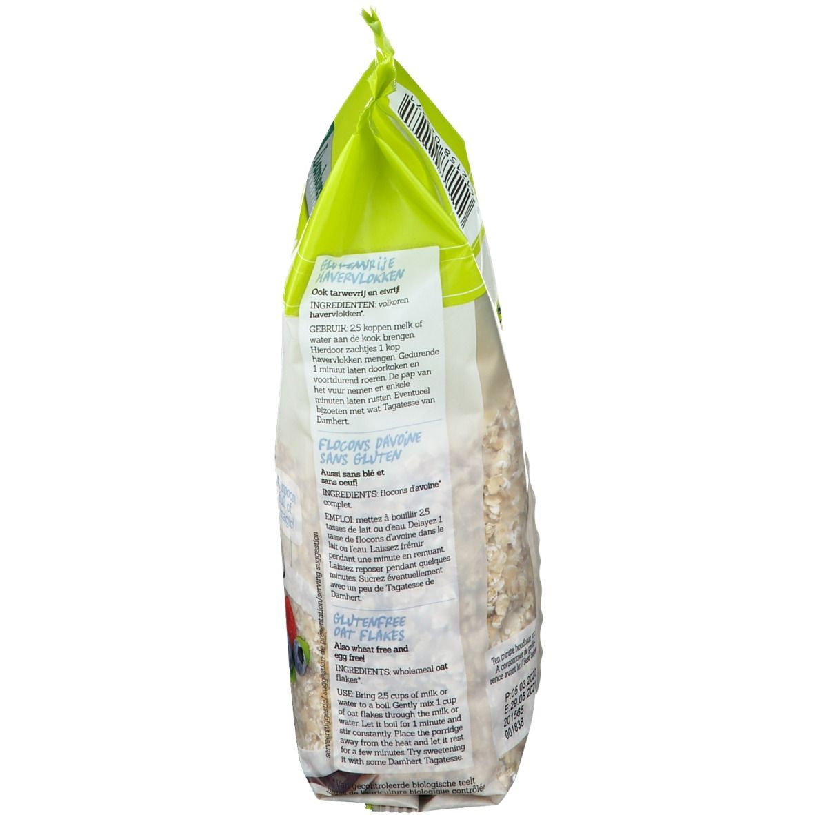 Seitenansicht der Haferflocken-Verpackung. Text: Zubereitungshinweise, Nährwertangaben. Grüner Hintergrund.