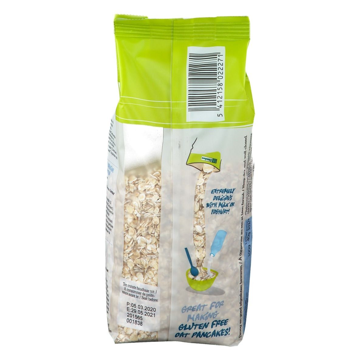Rückseite der Haferflocken-Verpackung. Text: glutenfrei, Hinweise zur Zubereitung. Mit Barcode.