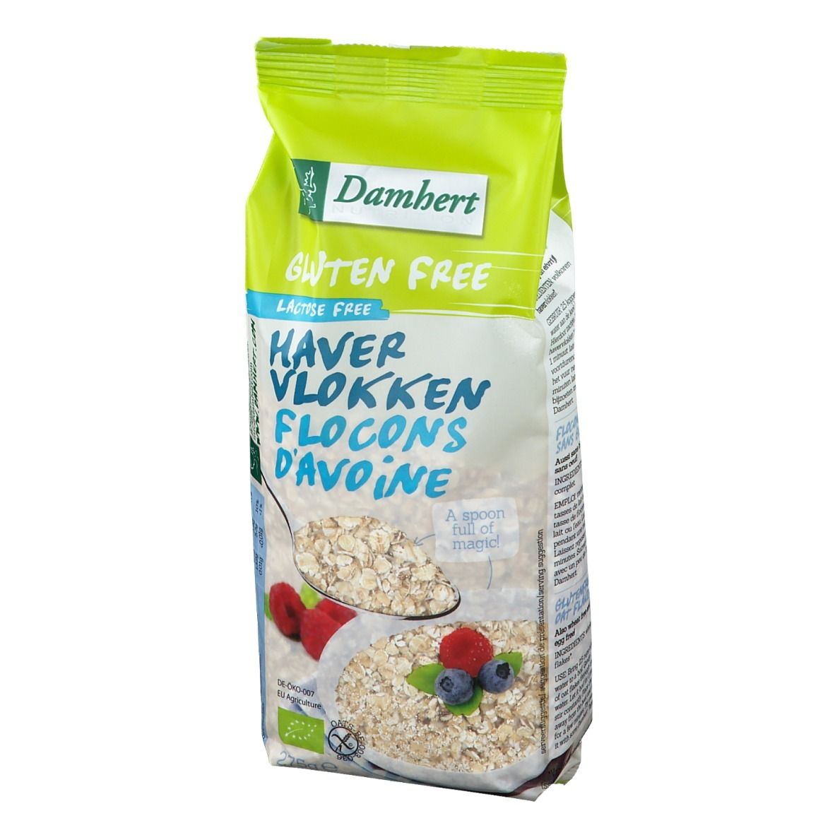 Verpackung mit Haferflocken. Aufschrift: Damhert, glutenfrei, Haferflocken, Flocken, D'avoine. Mit Früchten dekoriert.