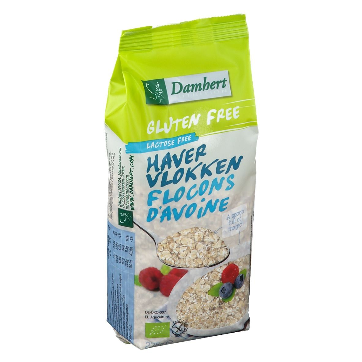 Verpackung mit Haferflocken. Aufschrift: Damhert, glutenfrei, Haferflocken, Flocken, D'avoine. Mit Früchten dekoriert.