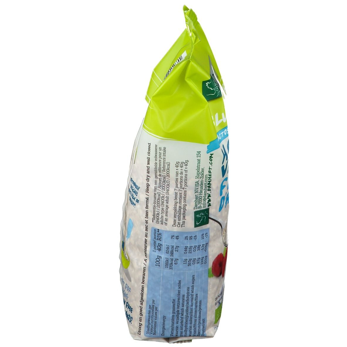Seitenansicht der Haferflocken-Verpackung. Text: Nährwertangaben, Zubereitungshinweise. Grüner Hintergrund.
