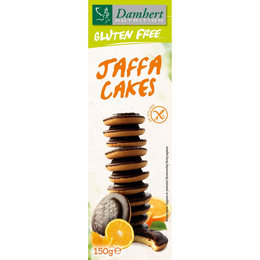 Packung Jaffa Cakes. Aufdruck: Gluten Free, Jaffa Cakes, 150g. Abgebildet: Kuchenstapel, Orangenstücke.