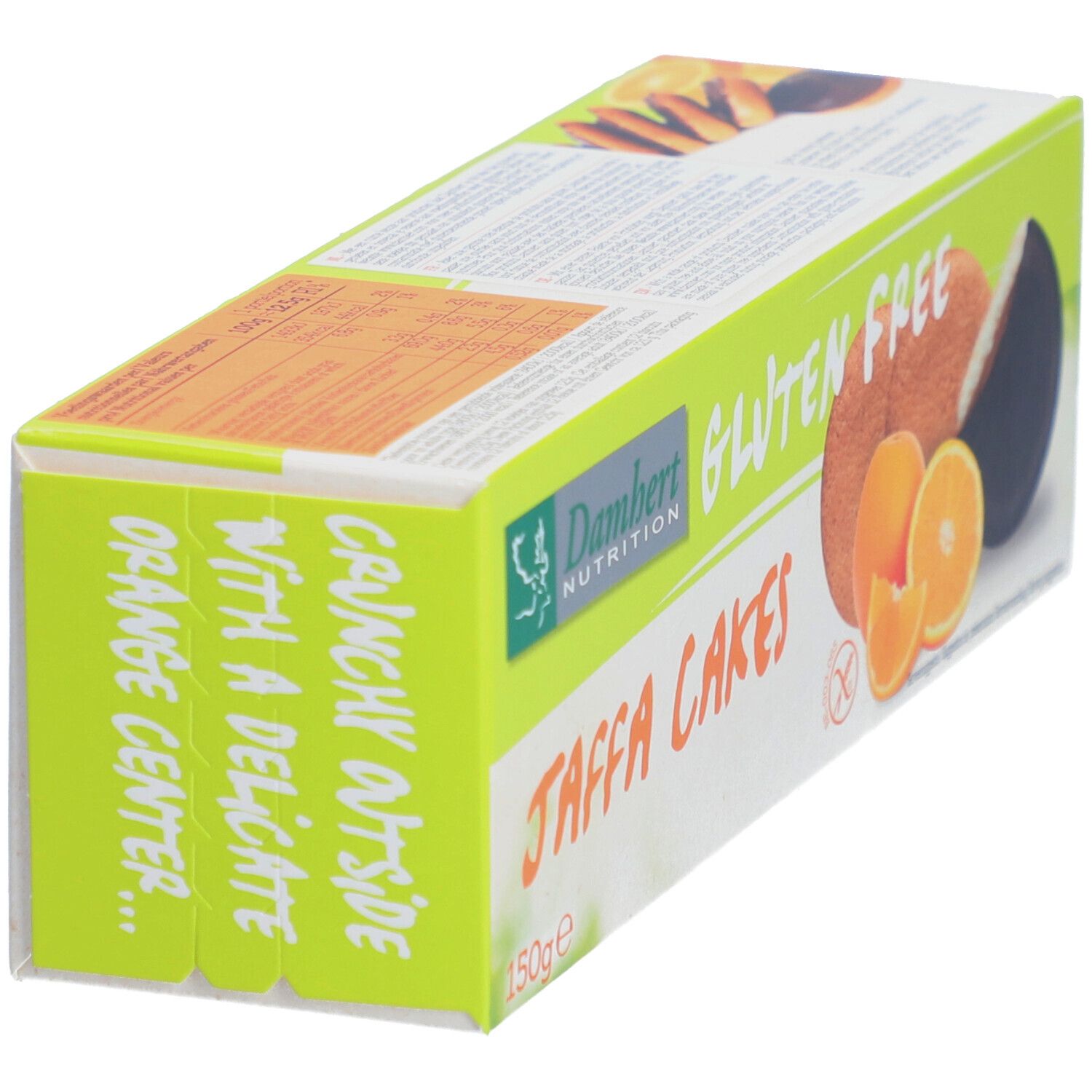 Schachtel mit Jaffa Cakes. Aufdruck: Gluten Free, Jaffa Cakes, 150g. Abgebildet: Kuchen, Orangenstücke.