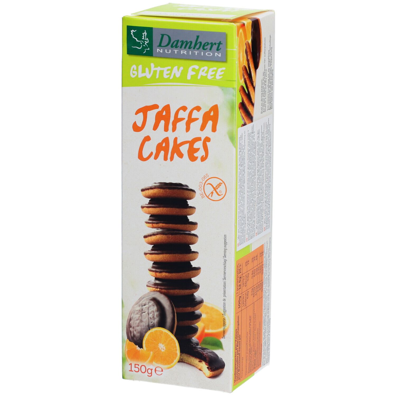 Schachtel mit Jaffa Cakes. Aufdruck: Gluten Free, Jaffa Cakes, 150g. Abgebildet: Kuchen, Orangenstücke.