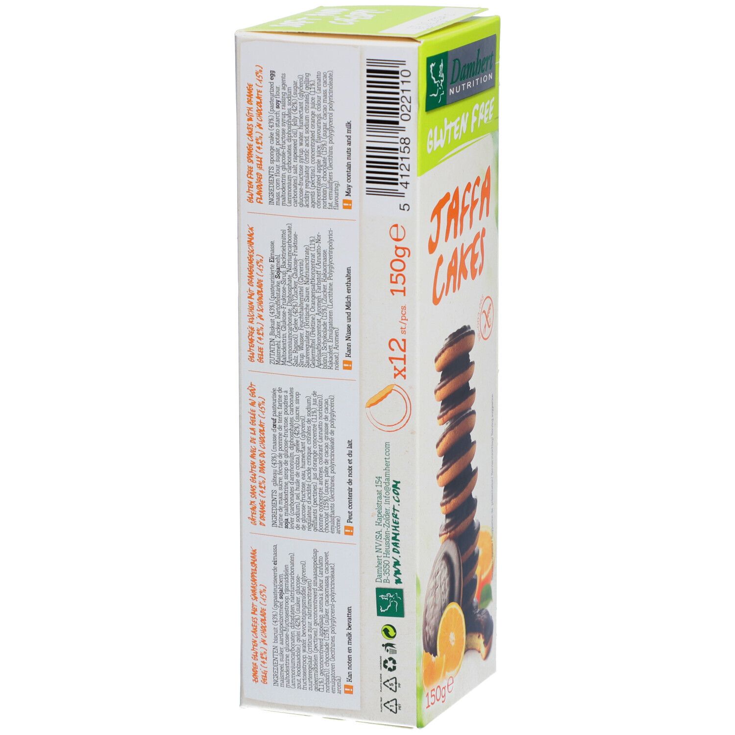 Schachtel mit Jaffa Cakes. Aufdruck: Gluten Free, Jaffa Cakes, 150g. Abgebildet: Kuchen, Orangenstücke.