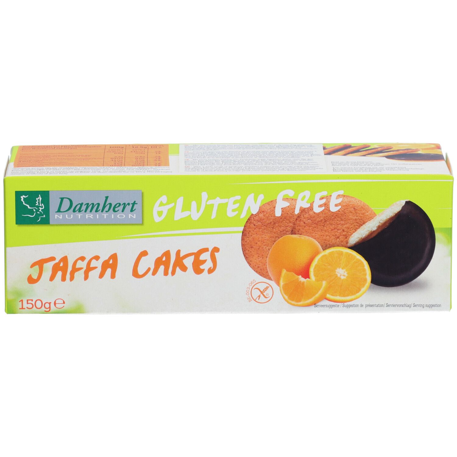 Schachtel mit Jaffa Cakes. Aufdruck: Gluten Free, Jaffa Cakes, 150g. Abgebildet: Kuchen, Orangenstücke.